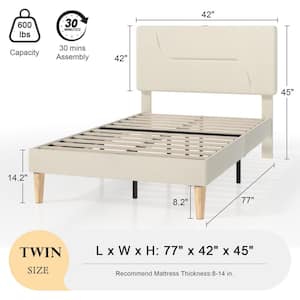 Upholstered Bed Frame with LED Lights, Velvet Headboard and Charging Station, Noise-Free Platform Bed, Beige Twin Bed