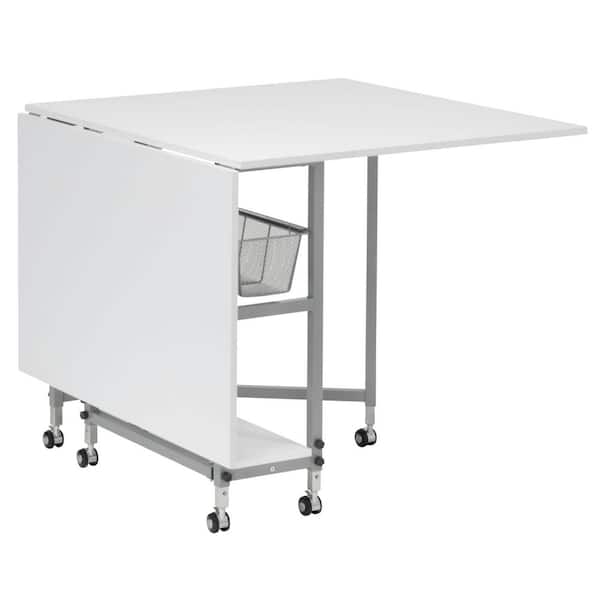 Sewing 60 in. W x 36 in. D MDF Folding Fabric Cutting Table with Drawers, Adjustable Height, Silver / White