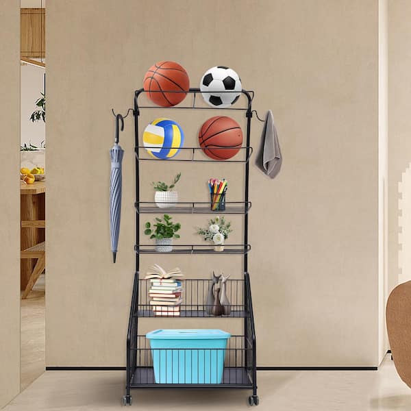 Sports Equipment Storage Rack with Baskets and Hooks, Garage Sports Gear  Organizer with Wheels, Ball Storage Rack for Basketballs, Footballs,  Baseball Bats, Tennis Rackets, D5166 