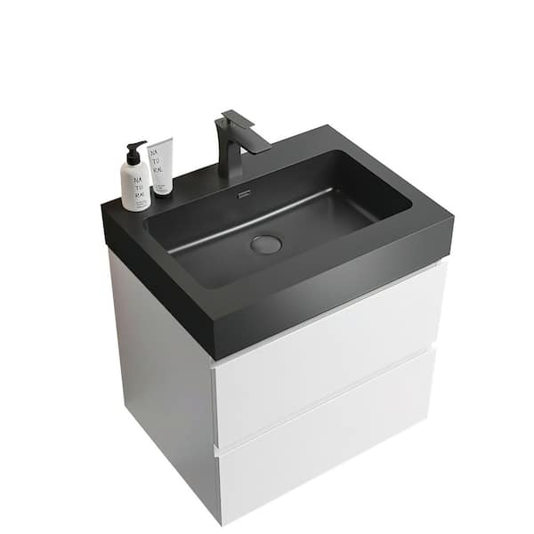24 in. Wall Mount Modern Single Sink White Bath Vanity with One-Piece Black Solid Surface Top Sink Pre-assembled