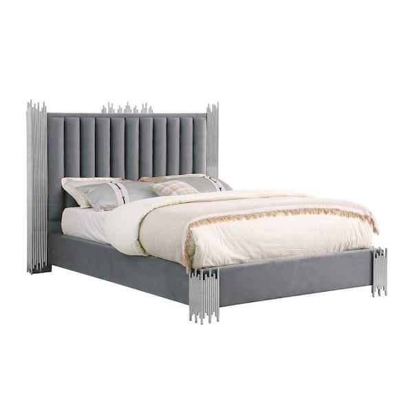 Best Quality Furniture Clarisse Gray Velvet Fabric Upholstered Wood Frame Queen Platform Bed With Stainless Steel Legs