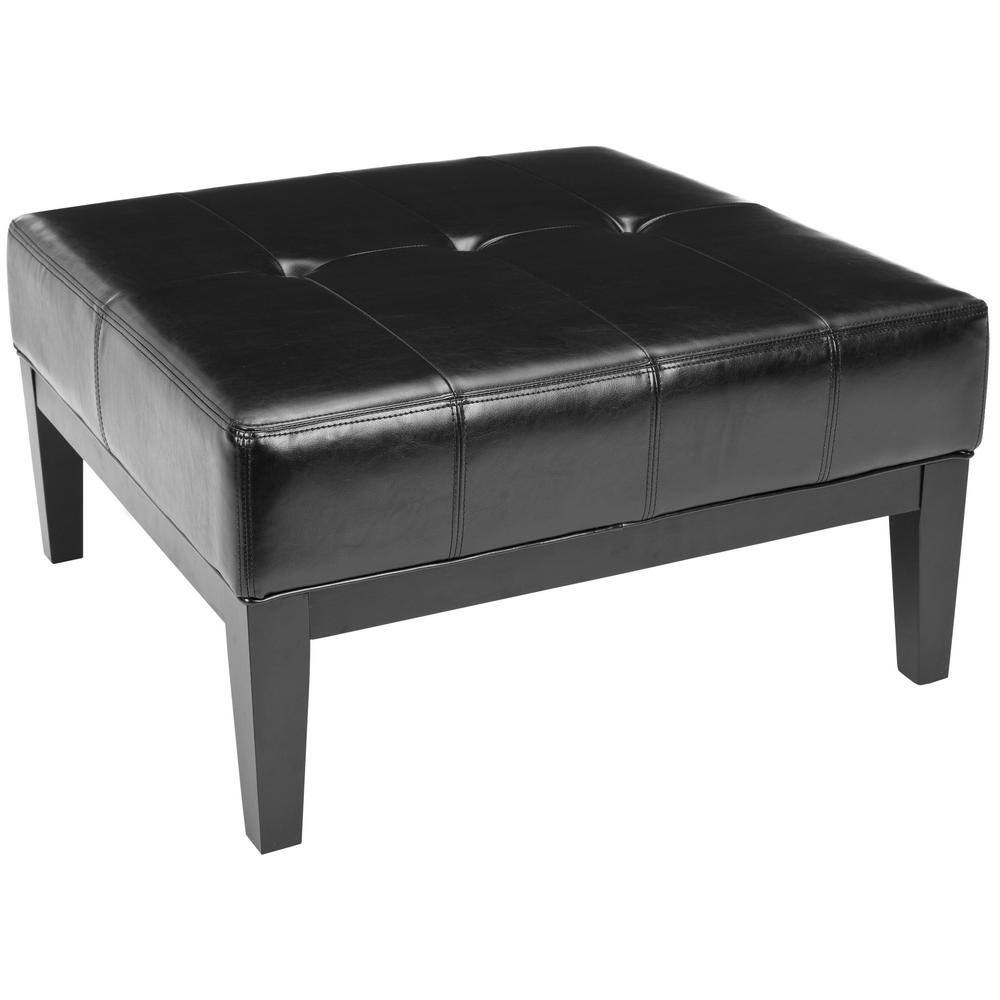 Transitional Black Tufted Cocktail Ottoman with Birch Wood Legs
