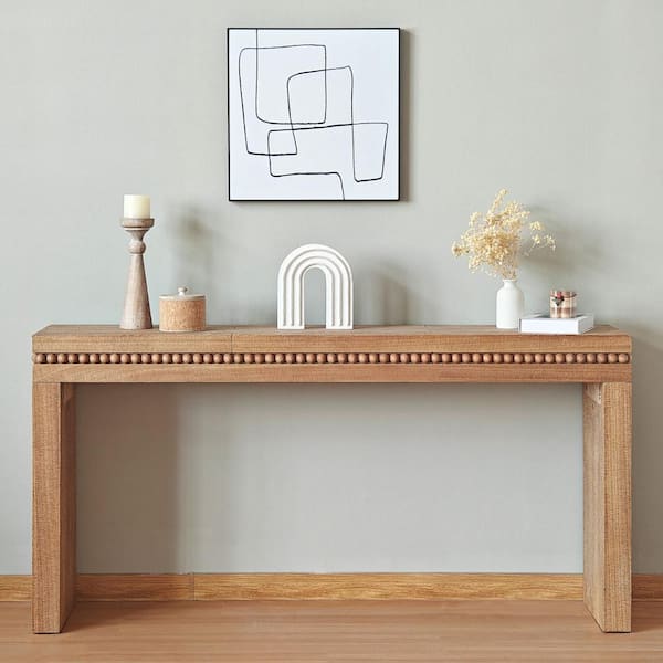 Clihome 64 in. Natural Rectangle Convenience Concepts Natural Wood Console Table with Real Wood Beads Decoration