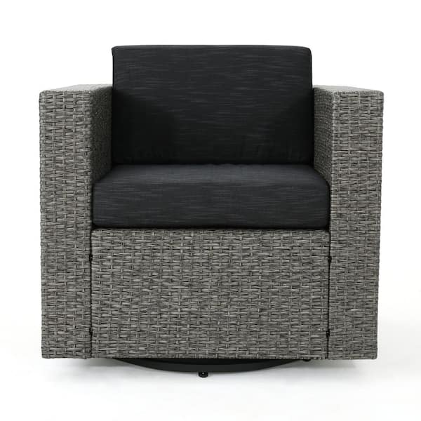 Puerta Mixed Black Swivel Metal Outdoor Patio Lounge Chair with Dark Grey Cushion