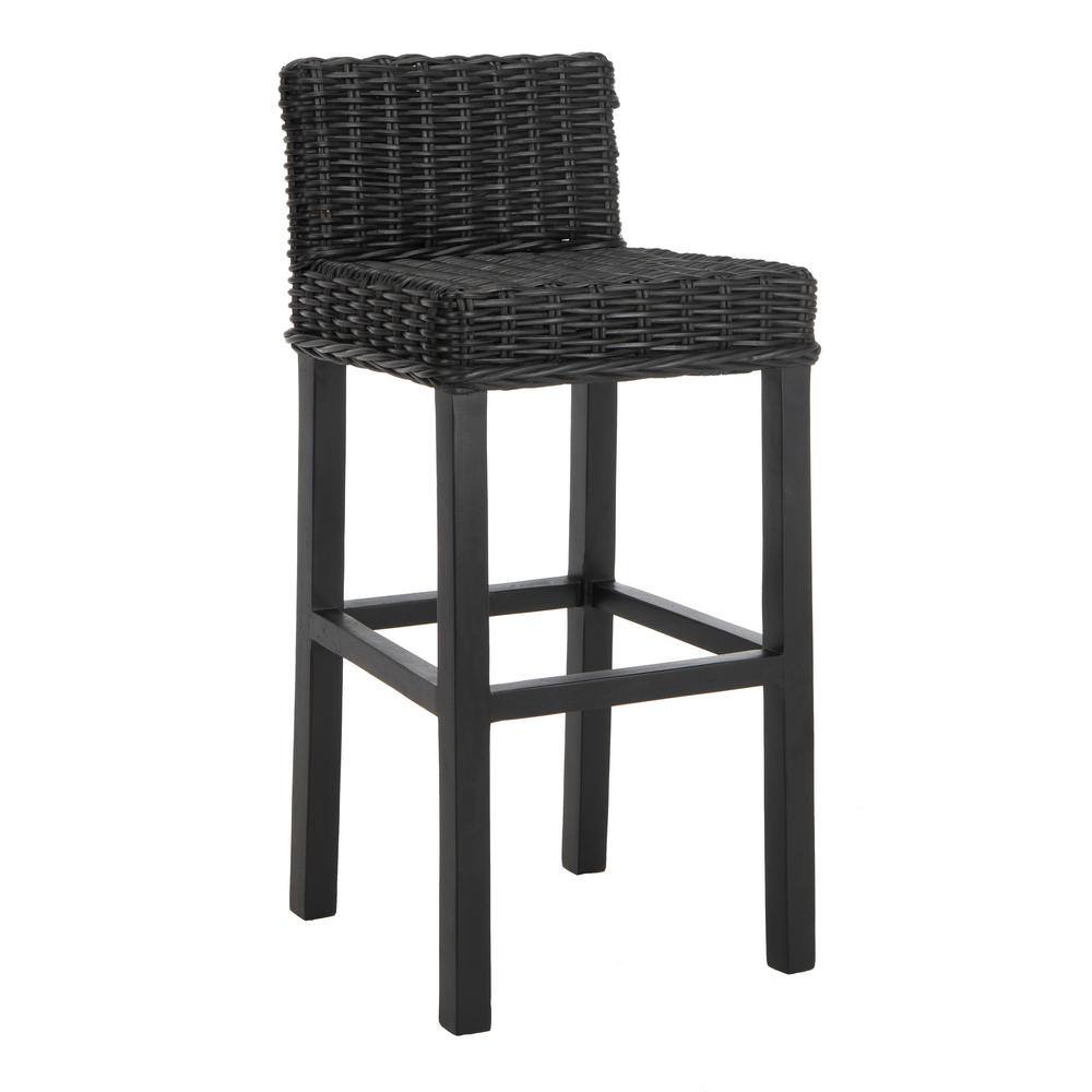 Cypress Black Mango Wood Bar Stool with Rattan Seat