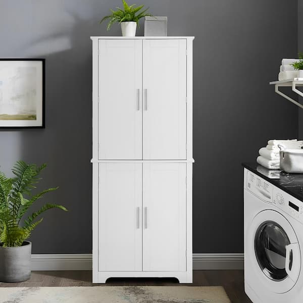 Zeus & Ruta 28.15 in. W x 15 in. D x 67.4 in. H White Linen Cabinet with 2-Double Doors and Drawer