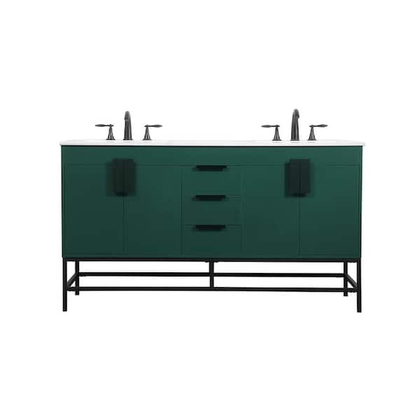 Unbranded Simply Living 60 in. W x 22 in. D x 33.5 in. H Bath Vanity in Green with Ivory White Engineered Marble Top