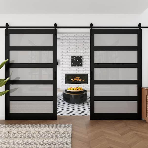 96 in. x 84 in. 5-Lite Tempered Frosted Glass Black Finished MDF Sliding Barn Door with Hardware Kit and Soft Close