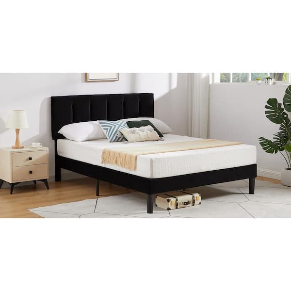 VECELO Upholstered Bed Frame Black Metal Frame Full Platform