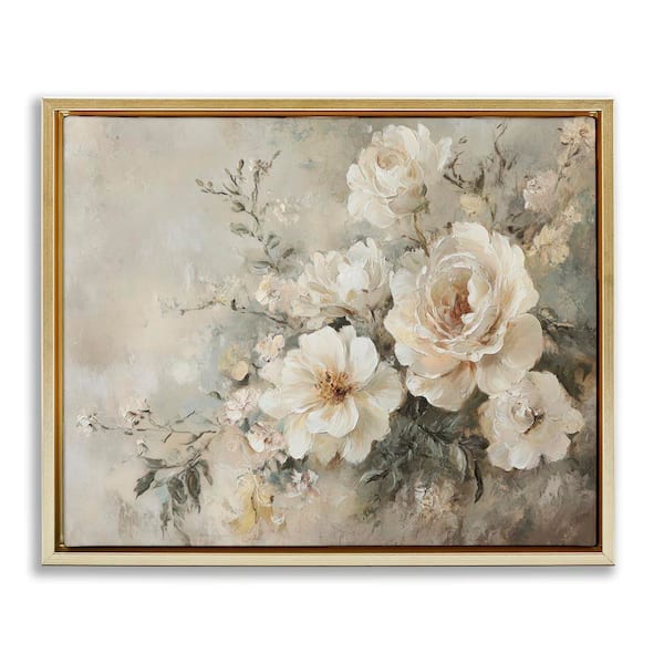 Beige Faded Florals by Petal Prints Design Gold Floater Frame Nature Graphic Art Print 17 in. x 21 in.