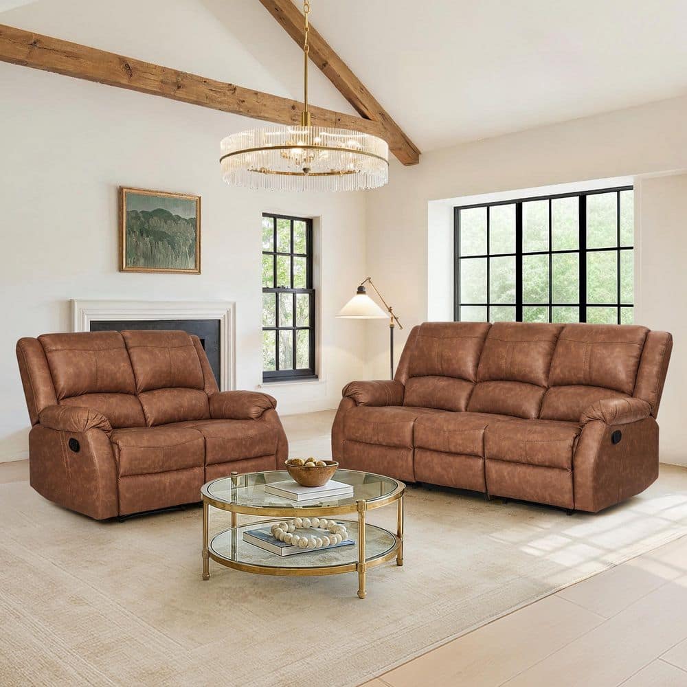 Jek 80.7 in. W 2-Piece Saddle Brown Leather Rolled Arm Rectangle  Push Back Recliner Sofa and Loveseat for Living Room price history on PriceWatchPro