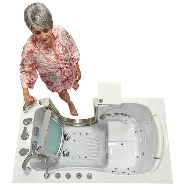 Petite 52 in. x 27.5 in. Right Drain Walk-In Combination Bathtub in White, Heated Seat, Carrara Wall Surround