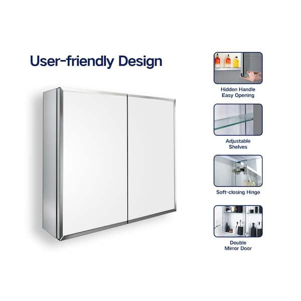 30 in. W x 26 in. H Silver Aluminum Recessed/Surface Mount Medicine Cabinet with Mirror 2-Doors with 4 Adjustable Shelve