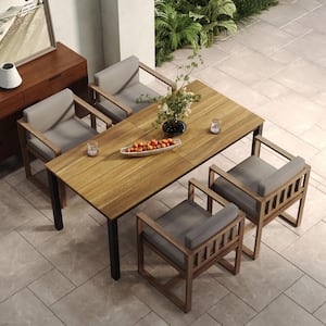 Valoria 5-Piece Outdoor Patio Dining Set with Cushions, Metal Frame Table, Acacia Wood, Light Brown + Light Grey + Black