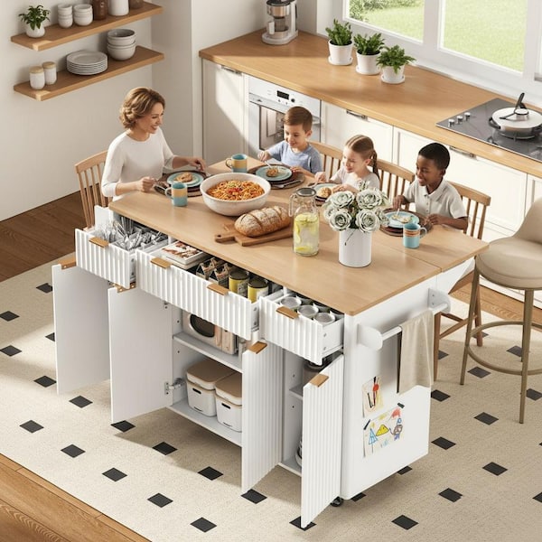 Runesay Farmhouse White Wood 55.5 in. Power Outlet Drop Leaf Curved Edge Storage Kitchen Island with 4-Door and 3-Drawer