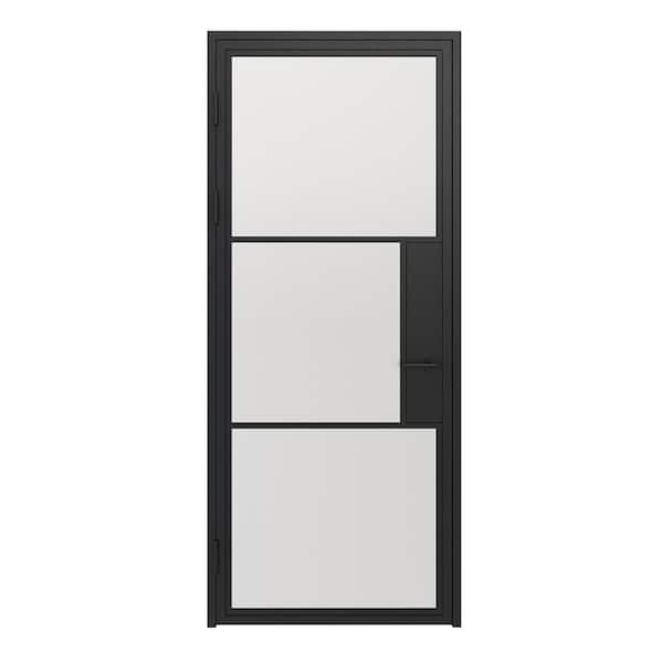 CALHOME 36 in. x 85 in. 3 Lite Frost Glass Black Steel Frame Prehung Interior Door with Door Handle