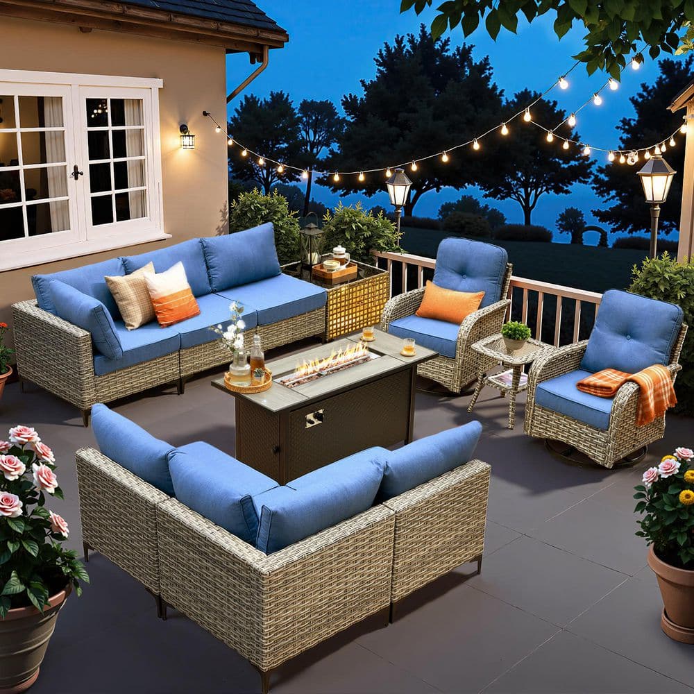 Holly Gray 11-Piece Wicker 54 in. Rectangle Fire Pit Patio Conversation Set with Denim Blue Cushions and Swivel Chairs price history on PriceWatchPro