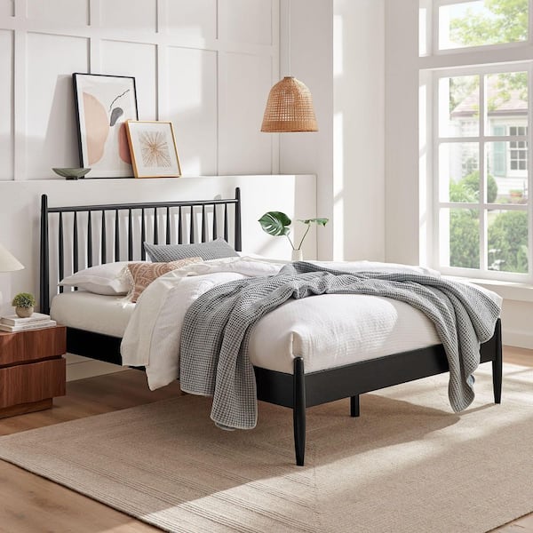 Zane Black Solid Rubberwood Frame Queen Spindle Platform Bed