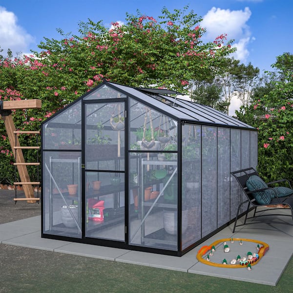 GHgo, 6 x 12 ft. Thicked Polycarbonate, Greenhouse with Door, Rain Gutter and Ventilation Window, Walk-in, Black