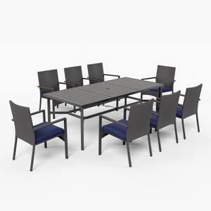Black 9-Piece Metal Patio Outdoor Dining Set with Rattan Chair with Blue Cushion