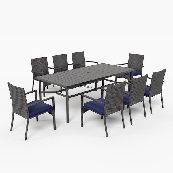 PHI VILLA Black Slat Rectangle Metal Patio Outdoor Dining Table