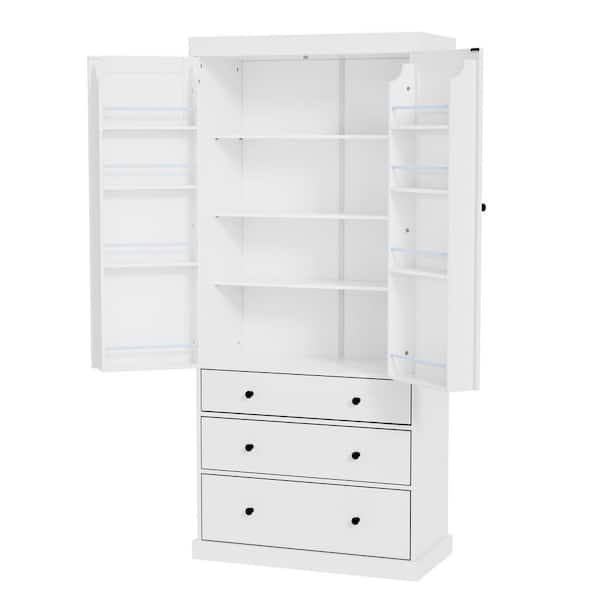 White 77 in. Accent Cabinet, Pantry Cabinet with 3 Adjustable Shelves, 8 Door Shelves, 3 Drawers