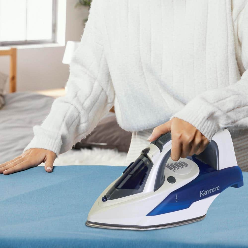 Kenmore White and Blue Digital Steam Iron with Stainless Steel Soleplate