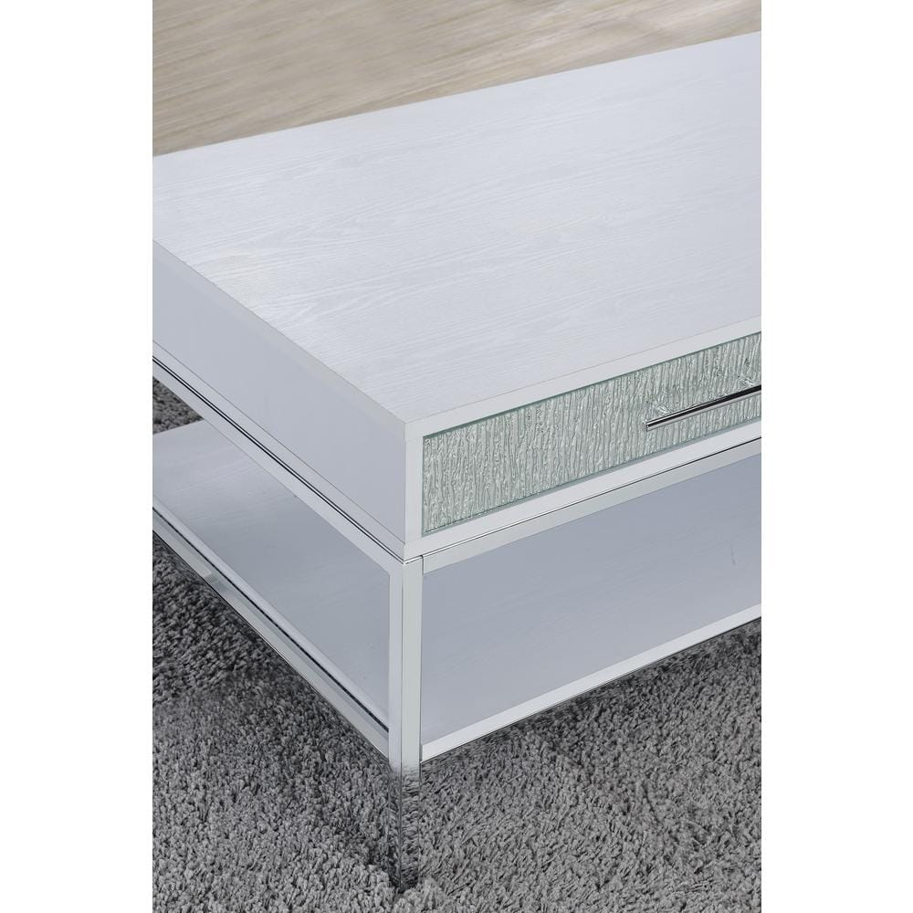 Mirage White Wood and Chrome Rectangular Coffee Table with Storage