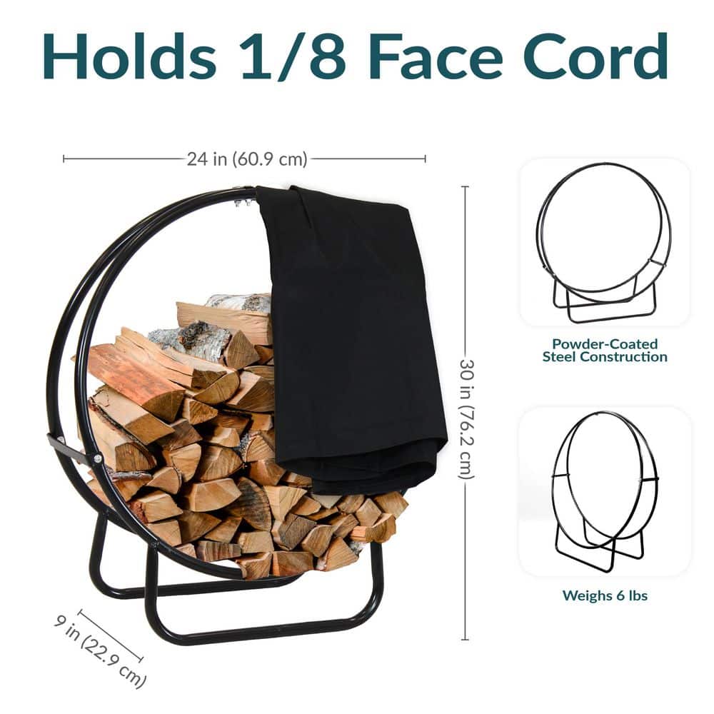 24-Inch Black Steel Firewood Log Hoop Rack with PVC Cover