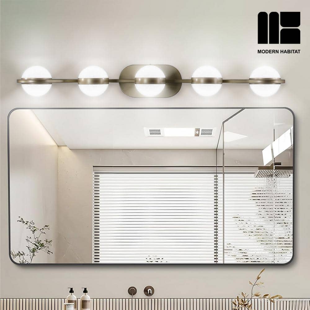 Brushed Gold 5-Light Dimmable LED Vanity Light with Globe Shades