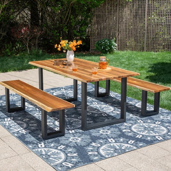 PHI VILLA Brown 3-Piece Outdoor Dining Set with Acacia Wood Table and Acacia wooden Bench