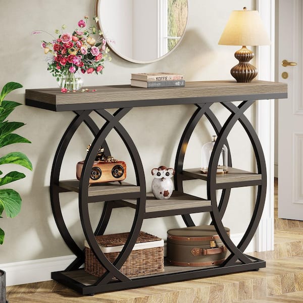 BYBLIGHT Turrella 39.4 in. Gray Rectangle Wood Console Table with Metal Frame, Industrial 4-Tier Sofa Table Entryway Table