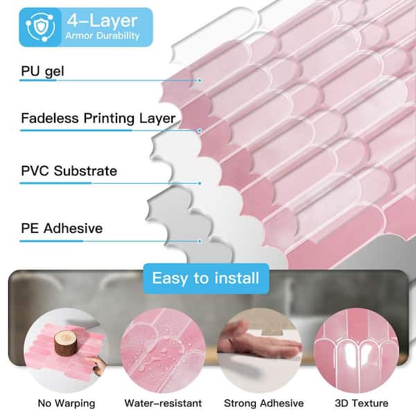 Pink 12 in. x 12 in. Vinyl Peel and Stick Backsplash, Self-Adhesive Wall Tiles for Kitchen Bathroom (10-Pack)
