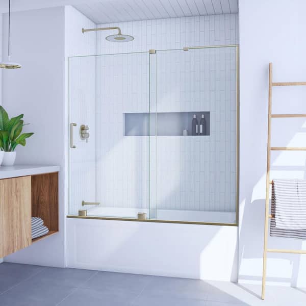 DreamLine Mirage-X 60 in. W x 58 in. H Sliding HFrameless Tub Door in Brushed Gold with Clear Glass