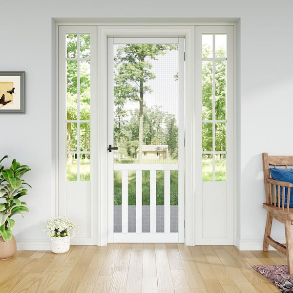 30 in. x 80 in. Universal Primed White 5-Bar Railing Pine Wood Gauze Mesh Hinged Screen Door for Front Door (Lock)
