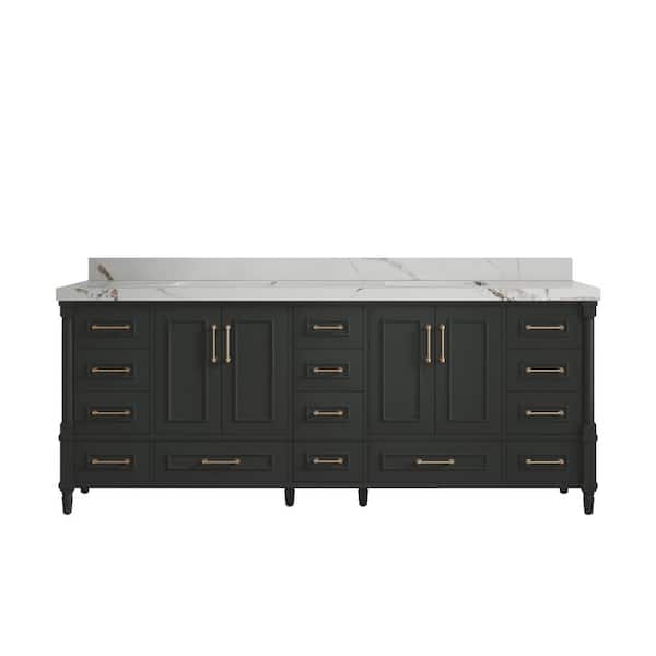 Willow Collections Hudson 84 in. Double Sink Freestanding Black Top Bath Vanity with Calacatta Gold Qt. Top Unassembled