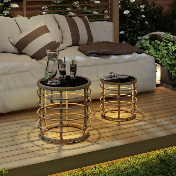2-Piece Boho Black Steel Round Wicker Outdoor Side Table with Auto-On Solar Lights, Weather Resist Patio Garden Decor