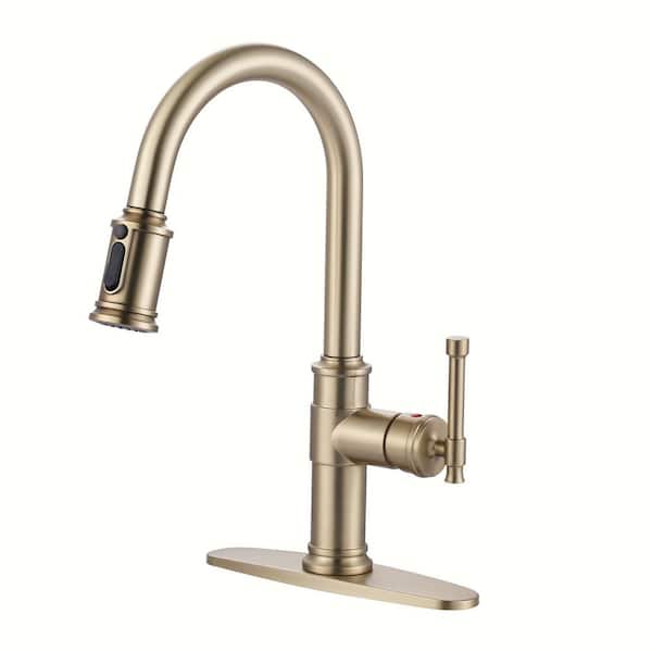ARCORA Brushed Gold Single Handle Pull-Down Sprayer Kitchen Faucet with 3-Mode Sprayer and Deckplate in Stainless Steel
