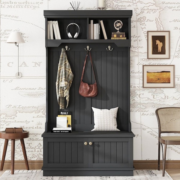27.5 in. W Narrow Hall Tree with Flip Drawer with 4 Hanging Hooks and Drawers, Adjustable Shoe Storage Cabinet in Black