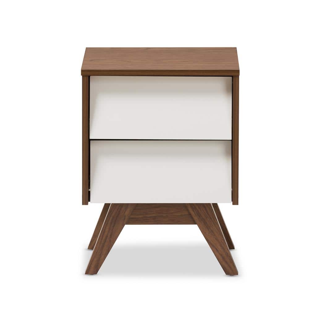 Walnut and White 2-Drawer Mid-Century Modern Nightstand