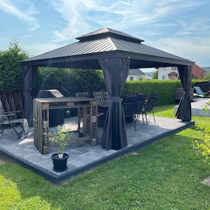 12 ft. x 16 ft. Gray Aluminum Power-Coated Frame Galvanized Steel Double Roof Hardtop Gazebo,Hooks, Netting,Gray Curtain