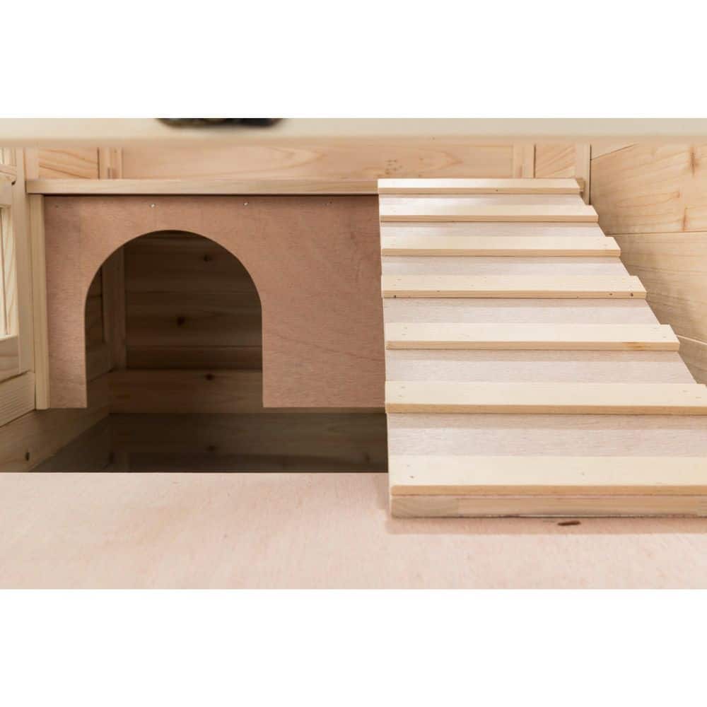 Natural Wood Indoor Hutch for Small Pets with Lockable Wheels