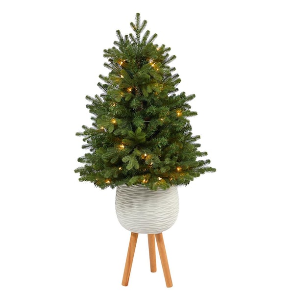 Nearly Natural 4 ft. Washington Fir Artificial Christmas Tree with 50 Clear Lights in White Planter with Decorative Planter Stand