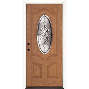 37.5 in. x 81.625 in. Lakewood Patina 3/4 Oval Lite Stained Light Oak Right-Hand Inswing Fiberglass Prehung Front Door
