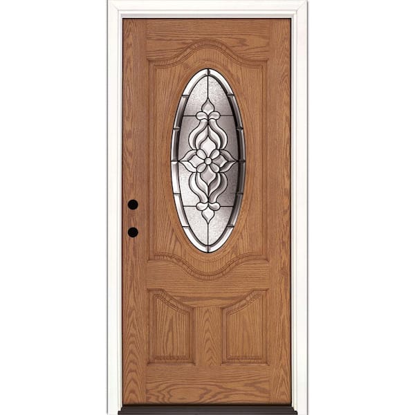 37.5 in. x 81.625 in. Lakewood Patina 3/4 Oval Lite Stained Light Oak Right-Hand Inswing Fiberglass Prehung Front Door