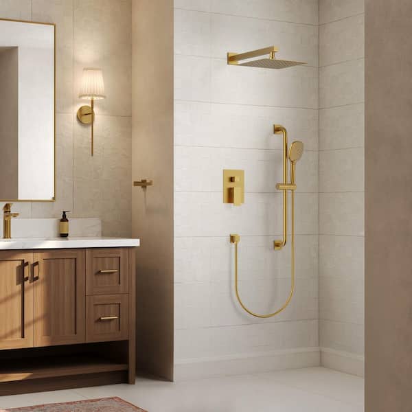 2-Spray Square High Pressure Adjustable Wall Bar Shower Kit with 3 Modes Hand Shower in Brushed Gold(Valve Included)