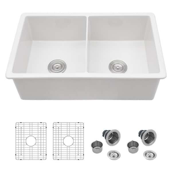 32 in. Undermount 50/50 Double Bowl White Porcelain Ceramic Kitchen Sink Basin with Bottom Grids and Strainers