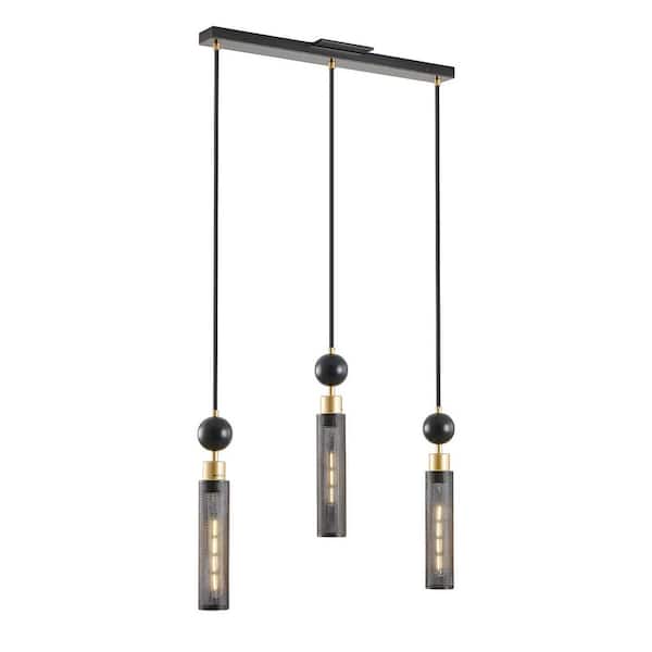 VEVETTA Modern 3-Light Black and Gold Linear Pendant with Cylindrical Mesh Shades and Adjustable Height (Bulb Not Included)
