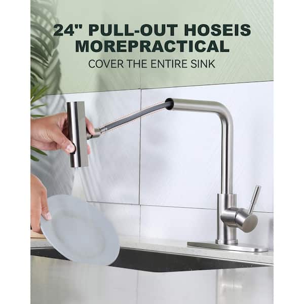 Stainless Steel 13.5 in. H Single Handle 360° Swivel Pull Out Sprayer Kitchen Faucet w/3-Spray Modes in Brushed Nickel