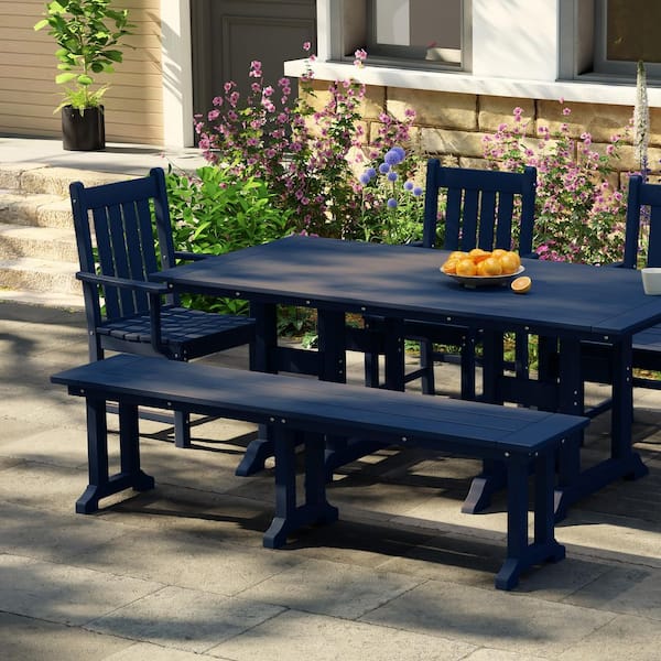 Hayes 65 in. Backless HDPE Plastic Trestle Outdoor Dining 2-Person Patio Garden Bench in Navy Blue